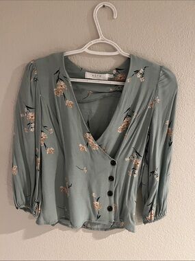 Astr Sage Green Floral Wrap-Style Button Blouse